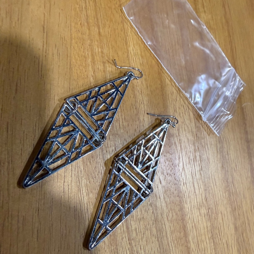Geometric Filigree Drop Earrings in Silver Tone